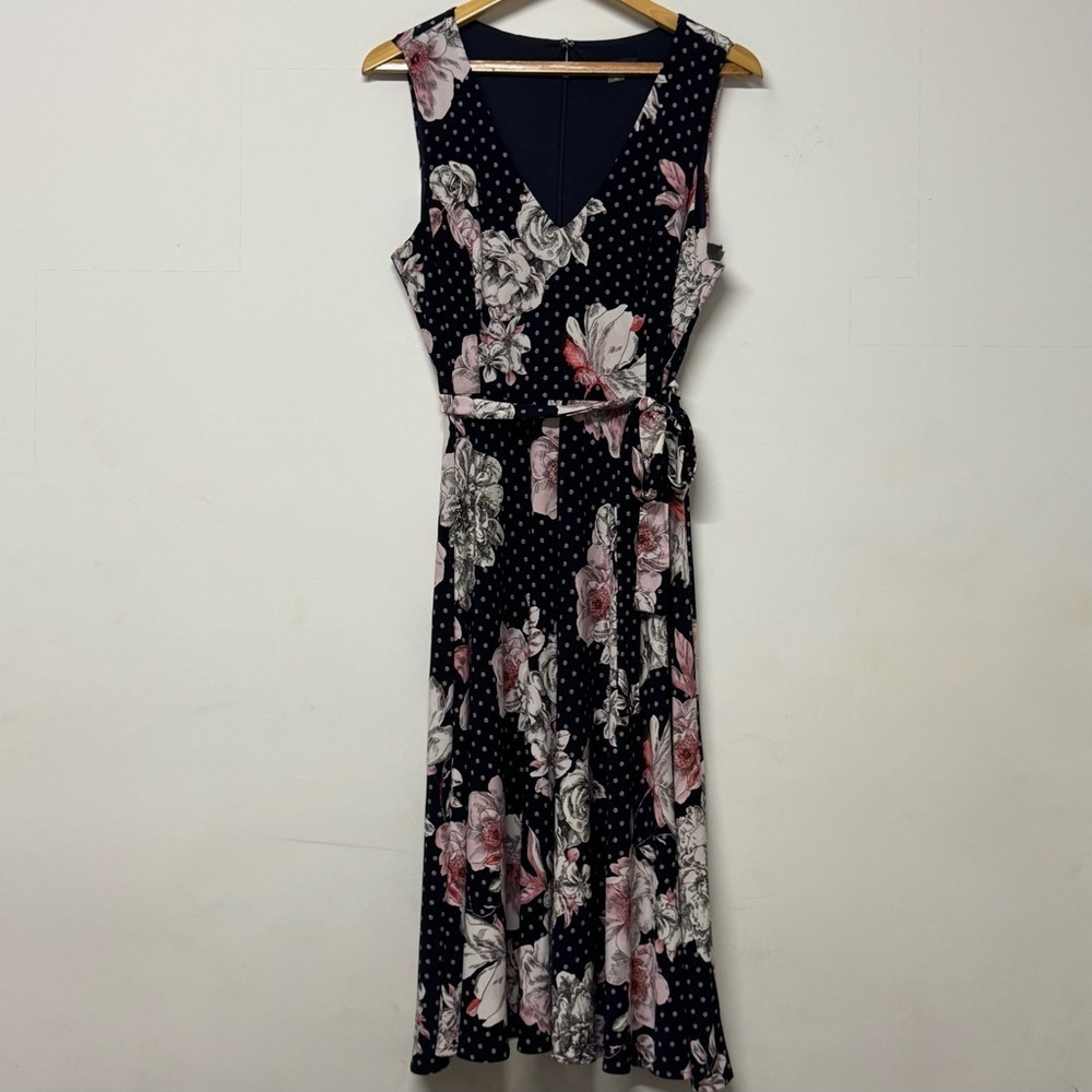 Tommy Hilfiger Sleeveless Floral Polka Dot Print Dress Tie Waist 10